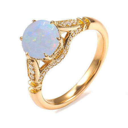 14K Solid Yellow Gold 2CT Round White Opal Six Prongs Ring, Vintage Milgrain Engagement Ring Anniversary Promise Gold Ring