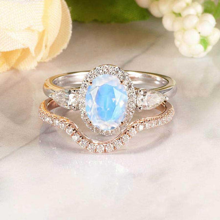 14K Gold 1.5 Carat Oval Genuine moonstone Halo Engagement Ring Eternity Ring Set