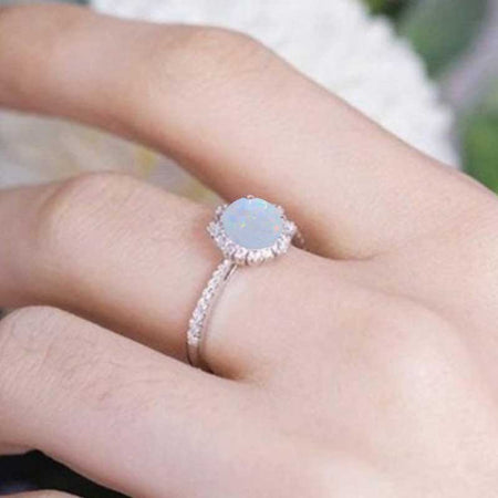 Snowflake White Opal Ring/1.0ct Round Cut White Opal Halo Ring/Solid 14K White Gold Ring/Art Deco Engagement Ring / Wedding Ring Women