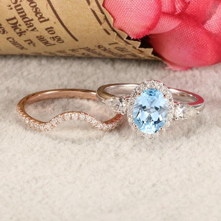 14K White Gold 4 Carat Oval Natural Aquamarine Halo Engagement Ring Eternity Ring Set