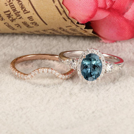 14K White Gold 4 Carat Oval Teal Sapphire Halo Engagement Ring Eternity Ring Set