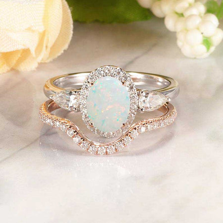 14K  Gold 1.5 Carat Oval White Opal Halo Engagement Ring Eternity Ring Set