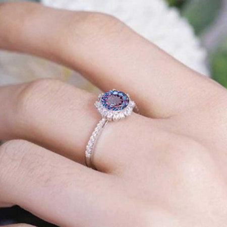 Snowflake Portuguese Cut Alexandrite Ring/1.0ct Round Portuguese Cut Alexandrite Halo Ring/Solid 14K White Gold Ring/Art Deco Engagement Ring / Wedding Ring Women