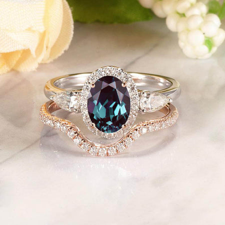 14K Gold 1.5 Carat Oval Alexandrite Halo Engagement Ring Eternity Ring Set