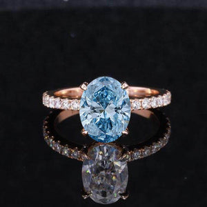 2 Carat Oval Lab-Grown Fancy Vivid Blue Diamond Hidden Halo Rose Gold Engagement Ring