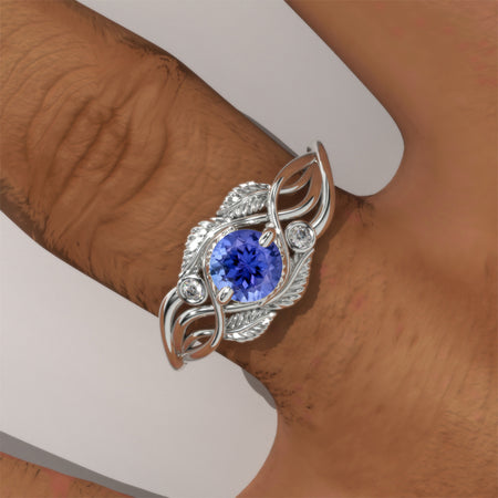 Natural Genuine Tanzanite White Gold Engagement Lattice Floral Accented Ring