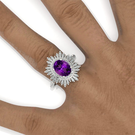 14K White Gold 2 Carat Oval Halo Natural Amethyst Engagement Ring