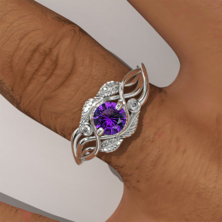 Natural Amethyst White Gold Engagement Lattice Floral Accented Ring