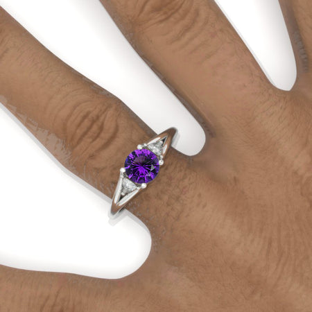 Trillion Three Stone Natural Amethyst White Gold Engagement Ring