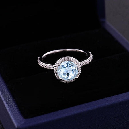 0.9 Carat Genuine Natural Aquamarine Ideal Cut, Engagement Ring, Halo Genuine Natural Aquamarine Ring, Classic Halo 14K White Gold Ring