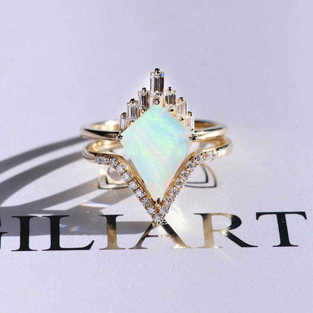 14K Gold 4 Carat Kite Genuine White Opal Halo Engagement Ring, Eternity Ring Set