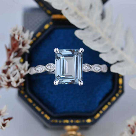 3 Carat Emerald Cut Genuine Natural Aquamarine Luxury Vintage Ring