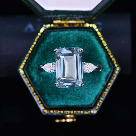 4 Carat Giliarto Elongated Emerald Cut Genuine Natural Aquamarine Gold Engagement Ring