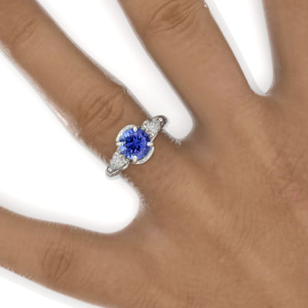 Floral Leaves Natural Genuine Tanzanite Engagement Ring 14K White Gold