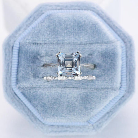 3 Carat Princess Cut Genuine Natural Aquamarine Engagement Eternity Gold Ring Set