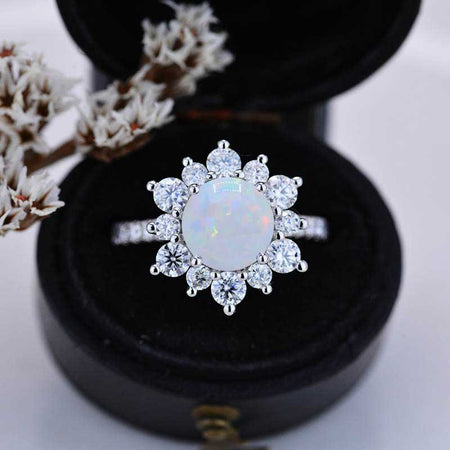 2 Carat Round Genuine White Opal Snowflake Halo Engagement Ring. Victorian 14K White Gold Ring