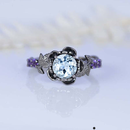 1.5 Carat Round Genuine Natural Aquamarine Floral Halo Engagement Ring