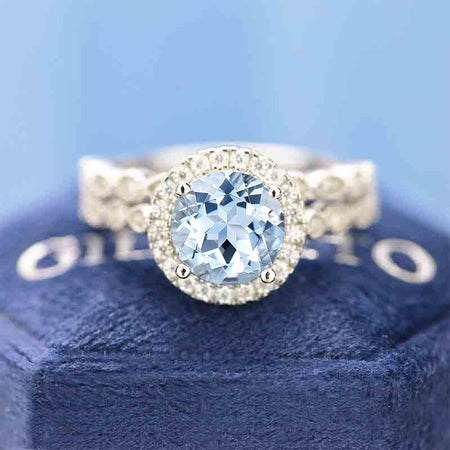 2 Carat Genuine Natural Aquamarine Halo  Engagement Eternity Two Rings Set