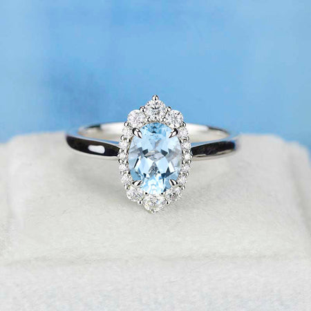 14K White Gold 2 Carat Oval Genuine Natural Aquamarine Halo Engagement Ring