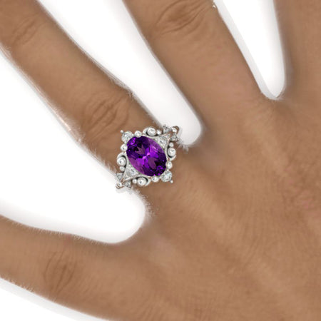 3 CT Oval Halo Natural Amethyst Vintage Wedding Ring. 14K White Gold Engagement Ring Anniversary Ring, Baguette Double Halo Ring