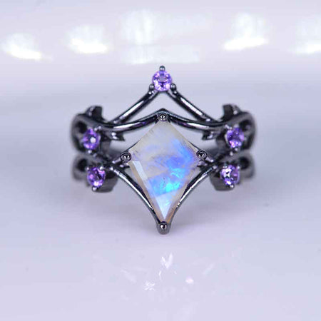 2.5 Carat Kite Genuine Natural Moonstone Engagement Ring. 2.5CT Fancy Shield Shape Amethyst Black Gold Ring