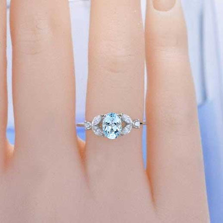 Oval Genuine Natural Aquamarine Engagement Ring Set