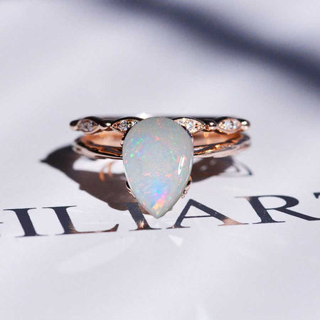 3 Carat Pear Genuine White Opal 14K Rose Gold Engagement. Eternity Ring. Set of Two Rings. Leaf Floral Ring Design