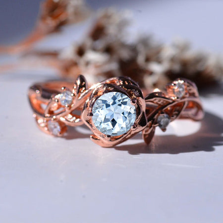 Round Brilliant Cut Genuine Natural Aquamarine Floral Rose Gold Engagement Ring