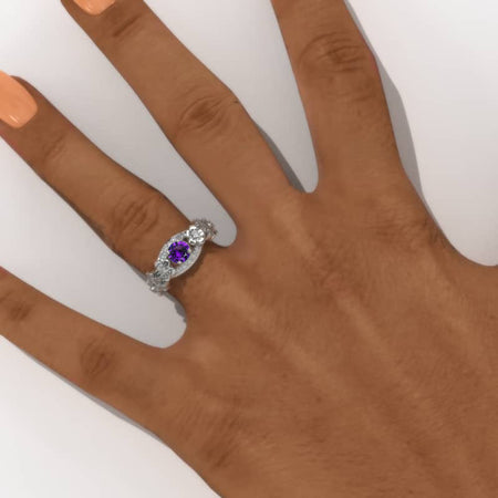 Natural Amethyst Celtic Engagement Floral Ring 14K White Gold