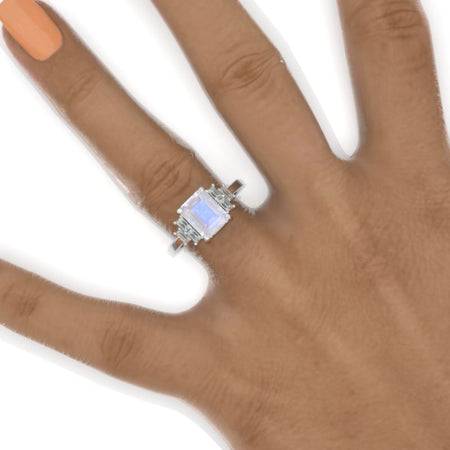 3 Carat Emerald Cut Genuine Natural Moonstone Seven-Stone  Engagement Ring