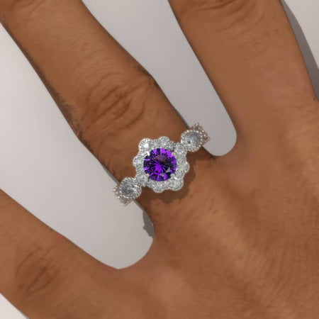 14K White Gold 1 Carat Round Natural Amethyst Halo Engagement Ring