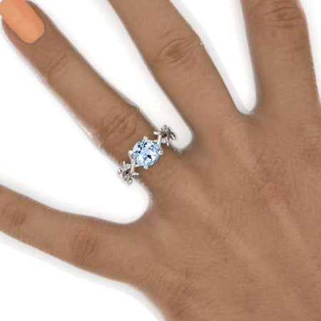 2 Carat Genuine Natural Aquamarine Leaf Engagement Ring. Rose Gold Floral Twig Ring