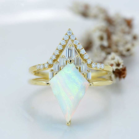 14K Gold 5 Carat Kite Genuine White Opal Halo Engagement Ring, Eternity Ring Set