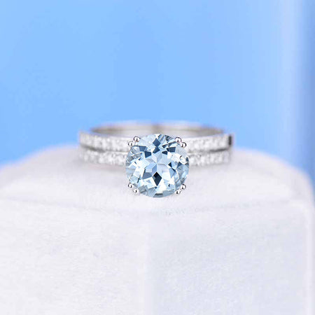 2 Carat Genuine Natural Aquamarine Engagement Eternity Two Rings Set