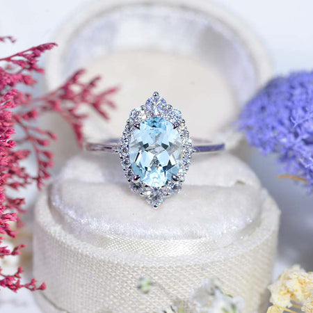 14K White Gold 2 Carat Oval Natural Aquamarine Halo Engagement Ring