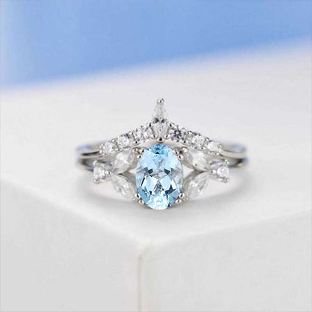 14K Solid White Gold Dainty Genuine Natural Aquamarine Ring, Oval Cut Genuine Natural Aquamarine Ring Set, White Gold Ring Unique Vintage Ring