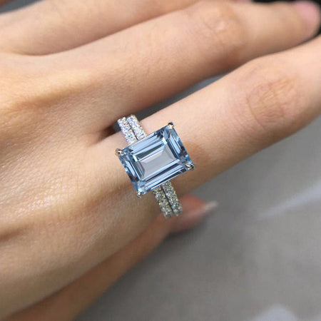 3Ct Genuine Natural Aquamarine Engagement Ring, Solitaire Emerald Cut Genuine Natural Aquamarine Engagement Ring, Moissanite Pave Accents Stones Hidden Halo