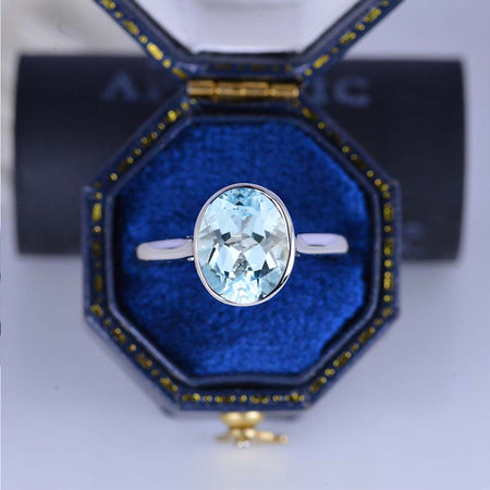 2 Carat Oval Genuine Natural Aquamarine Bezel Set Gold Engagement Ring