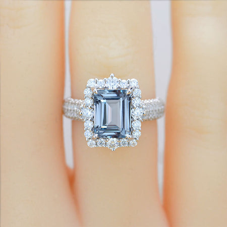 1.47 Carats Genuine Natural Aquamarine Engagement Ring Halo Emerald Cut Engagement Ring