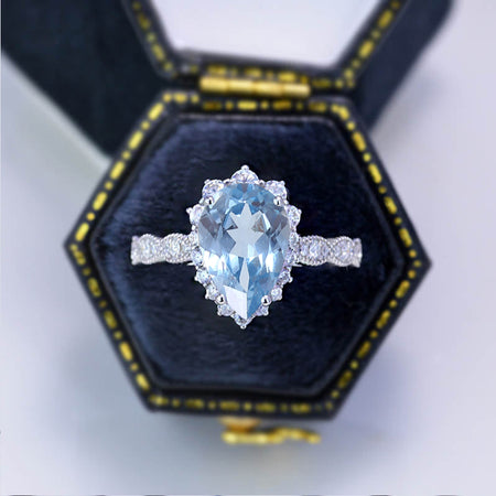 14K White Gold 3 Carat Pear Genuine Natural Aquamarine Halo Engagement Ring