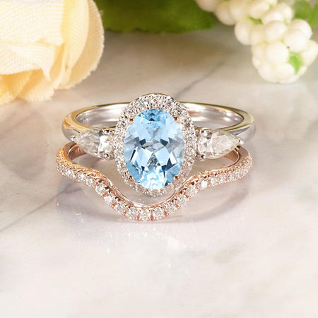 14K White Gold 4 Carat Oval Genuine Natural Aquamarine Halo Engagement Ring Eternity Ring Set