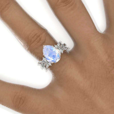 3 Carat Pear Genuine moonstone Cluster 14K White Gold Floral  Engagement Ring