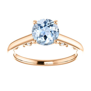 14K Rose Gold  6.5 mm Round Forever One Genuine Natural Aquamarine  .03 CTW Diamond  Engagement Ring