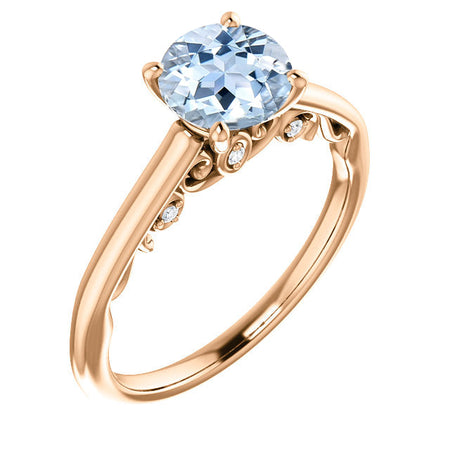 14K Rose Gold  6.5 mm Round Forever One Genuine Natural Aquamarine  .03 CTW Diamond  Engagement Ring