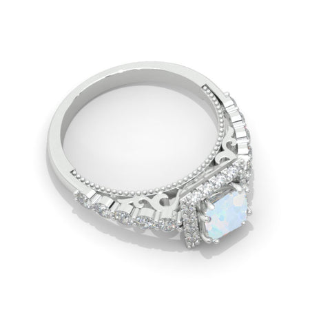 Princess Cut Genuine Natural White Opal Halo Engagement Ring