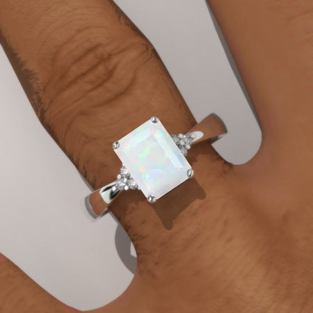 3.5 Carat Genuine Natural White Opal Emerald Cut Engagement Gold Ring.