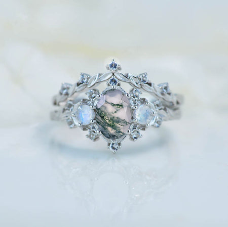 1 Carat Oval Genuine Moss Agate Halo 14K White Gold Floral Engagement Ring Set