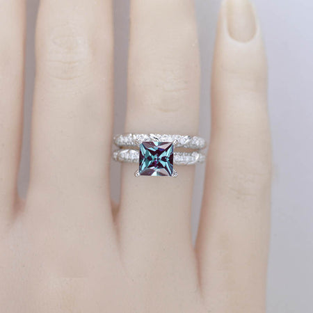 2 Carat Princess Cut Alexandrite White Gold Floral Engagement Ring Set