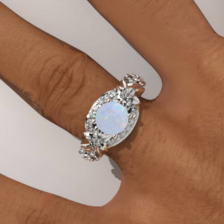 1.5 Carat Genuine Natural White Opal Gold Floral Engagement Ring