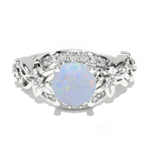 1.5 Carat Genuine Natural White Opal Gold Floral Engagement Ring